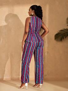 Lunelith SHEIN Lunessa 女士条纹圆领无袖上衣和裤子休闲两件套 - 彩色 - 查看 2
