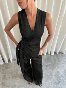 Siren Gaze 女士侧边打结无袖上衣和阔腿牛仔裤套装 - 黑色 - 查看 8