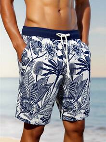 Manfinity Swimmode Quần short đi biển nam thời trang, họa tiết nhiệt đới. - Xanh và trắng - Xem 4