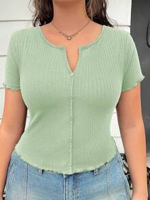 SHEIN EZwear Áo thun cổ chữ V màu xanh bạc hà trơn dành cho phụ nữ cỡ lớn - Màu xanh Bạc hà - Xem 3