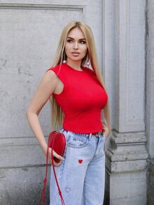 Elenary Edit Women Summer Casual Solid Color 2 In 1 T-Shirt Valentine's Day - Red - View 6