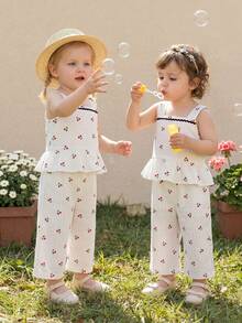 Souflis Souflis 2pcs/Set Baby Girl0-3 Years French Style Summer Outfit, Includes Ruffled Strap Vest With Cherry Print And Printed Pants, Fashionable & Cute, Suitable For Play, Home, School And Other Occasions Summer Toddler Sets Baby Girl Summer Outfits Summer Two Pieces Sets For Baby Girl Cherry Set - Multicolor - View 2