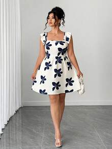 Elenzga Women's White Summer Cute French Floral Print Mini Skirt,Ruffled Strap Design,Bow Back Short Dress For Bachelorette Party,Tea Party Beach Vacation - Multicolor - View 7