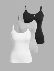 SHEIN EZwear 3件套加大码纯色修身休闲吊带背心套装 女士背心上衣 女士上衣 女士吊带背心 夏季女士背心 夏季女士上衣 背心上衣 女士多件装 3件装吊带背心 女士塑身衣 女士塑身衣 - 彩色 - 查看 1