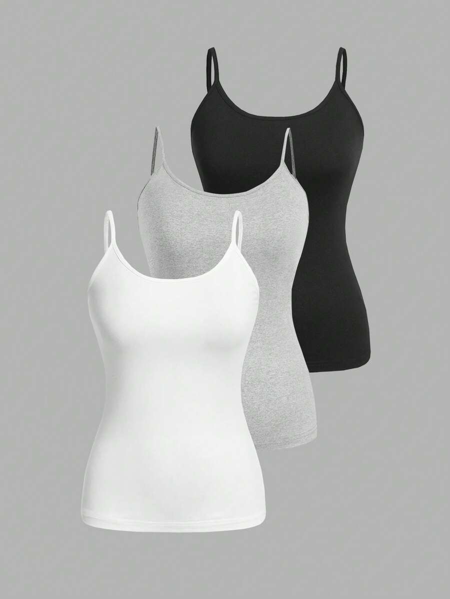 SHEIN EZwear 3件套加大码纯色修身休闲吊带背心套装 女士背心上衣 女士上衣 女士吊带背心 夏季女士背心 夏季女士上衣 背心上衣 女士多件装 3件装吊带背心 女士塑身衣 女士塑身衣 - 彩色 - 查看 1