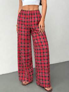 INAWLY Pantalones anchos de cintura elástica a cuadros de estilo casual francés - Rojo - Ver 3
