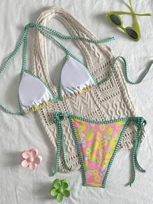 Swim Mod Multicolor Tropical Print Women's Bikini Set With Tie Side Bottom Knot Details Spaghetti Strap Short Length For Summer Beachwear - Multicolor - View 2