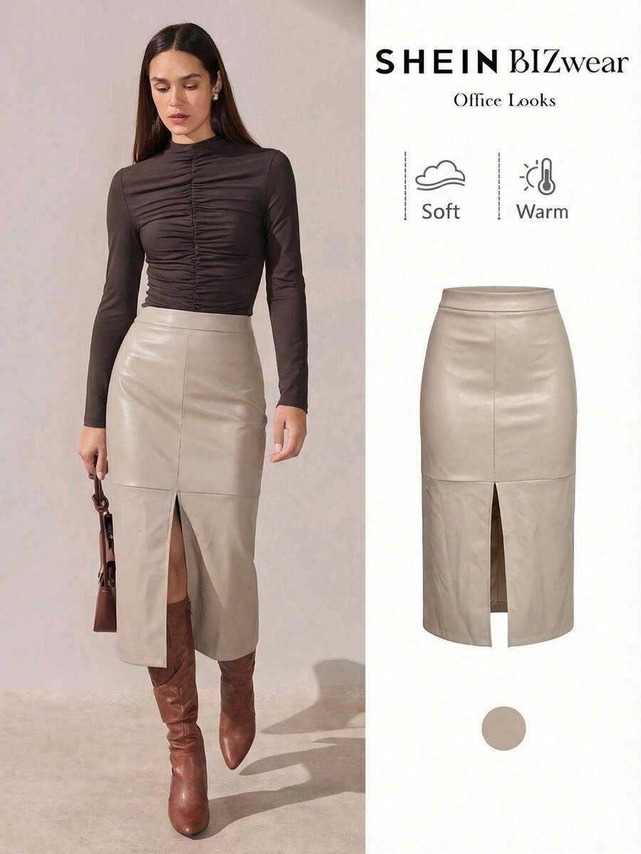 BizChic New Apricot PU Leather Front Slit Design Skirt, Flattering Silhouette, Elegant Office Wear For Spring/Summer