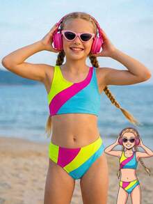 Emery Rose Kids Emery Rose Kids 少女针织撞色泳衣上衣和短裤两件套 - 藍白色 - 查看 1