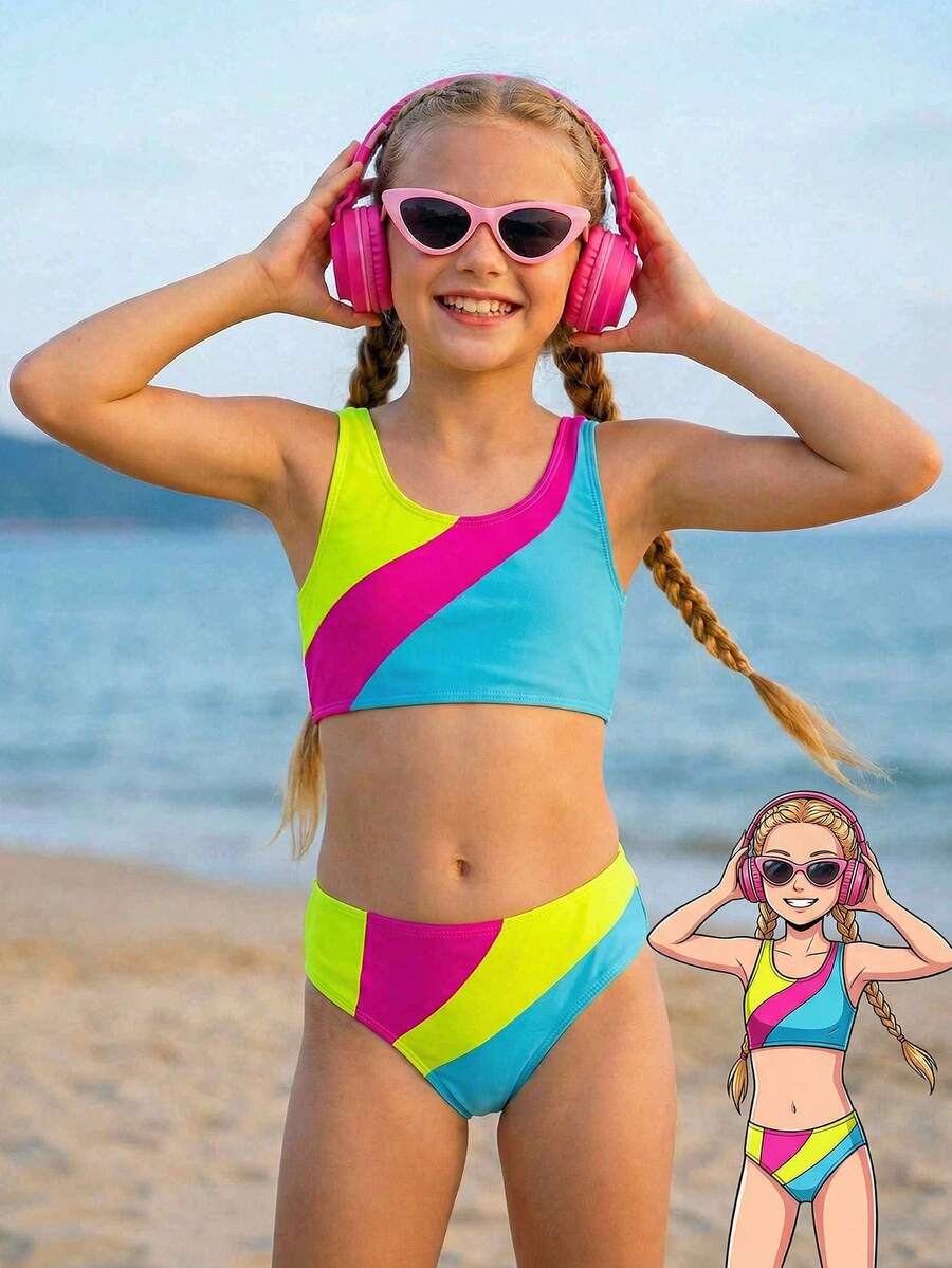 Emery Rose Kids Emery Rose Kids 少女针织撞色泳衣上衣和短裤两件套 - 藍白色 - 查看 1