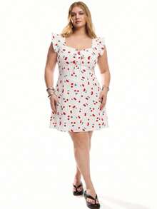 Solavibe Plus Size Women's Cute White Cherry Print Front Tie Mini Dress,Summer Flutter Sleeve Picnic Outfit,Casual Beach Vacation Birthday Holiday Dresses - White - View 2