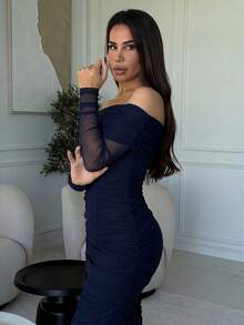 Milla Jasmine Vestido largo y plisado de hombros descubiertos y mangas largas para mujer, vestido largo elegante de mujer de manga larga con hombros descubiertos, ajustado y de color azul marino, vestidos largos lisos para mujer, ropa de fiesta y discoteca para primavera/otoño - Azul Marino - Ver 5
