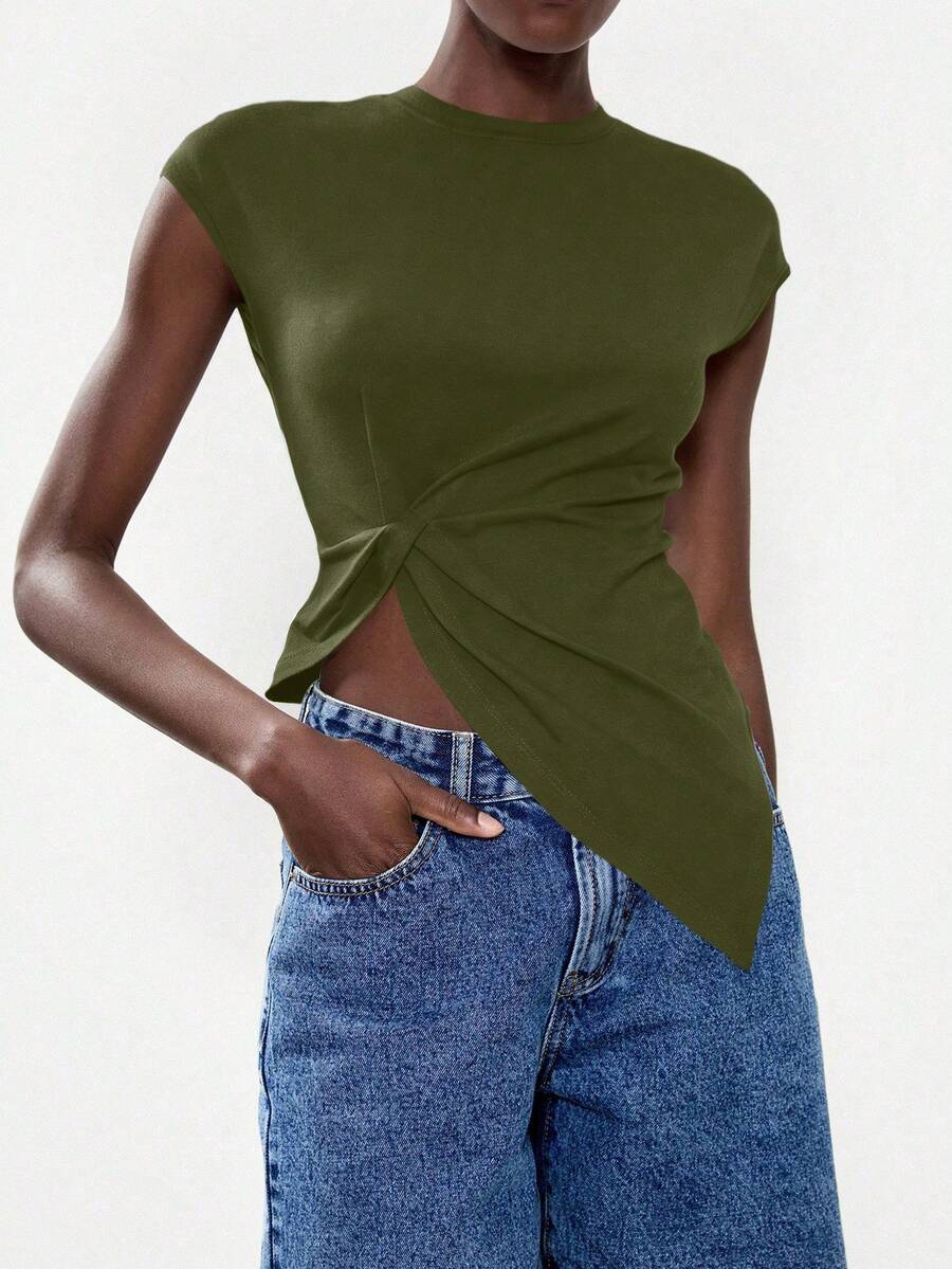 Lumivelle Camiseta blanca elegante y minimalista para mujer, adecuada para el uso diario, de moda y versátil - Verde militar - Ver 1