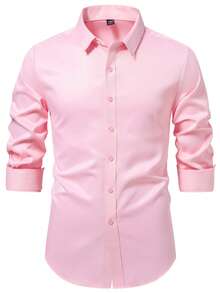 Manfinity Mode Áo sơ mi nam dài tay, màu trơn, cài cúc phía trước, kiểu dáng thường ngày, phù hợp cho công sở. - Hồng - Xem 3