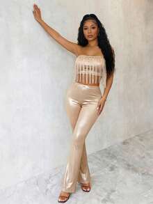 Eryvara 女士时尚优雅流苏装饰抹胸上衣+高腰修身喇叭裤两件套，春夏款 - 香檳色 - 查看 5