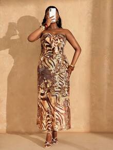 Lunelith SHEIN Lunessa 安卡拉度假豹纹无肩带修身中长连衣裙（女款） - 棕色 - 查看 5