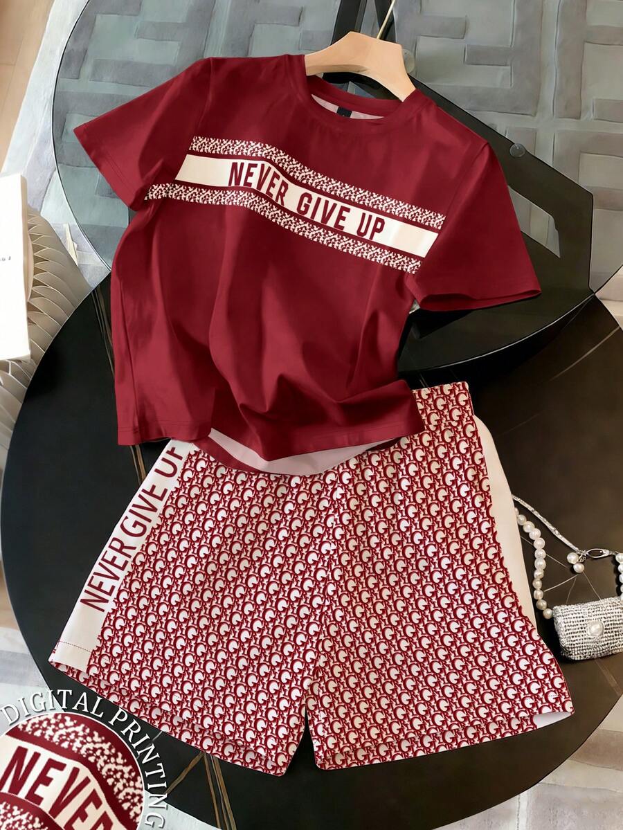 Franclia Conjunto de 2 piezas de camiseta con estampado de eslogan y shorts casuales para mujer, de verano - Multicolor - Ver 1