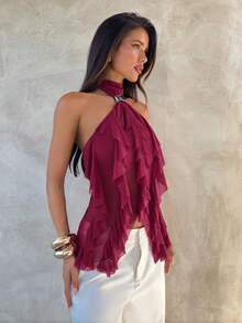 Aloruh Women's Elegant Multi-Layer Ruffle Trim Stand Collar Fitted Tank Top - Red Violet - View 4