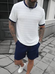 Manfinity Homme 男士舒适圆领短袖T恤套装（2件装）搭配抽绳松紧腰短裤，休闲百搭，适合度假、聚会、外出、运动、办公等场合，经典日系风格，春秋季节必备，自穿或送礼皆宜。 - 彩色 - 查看 5