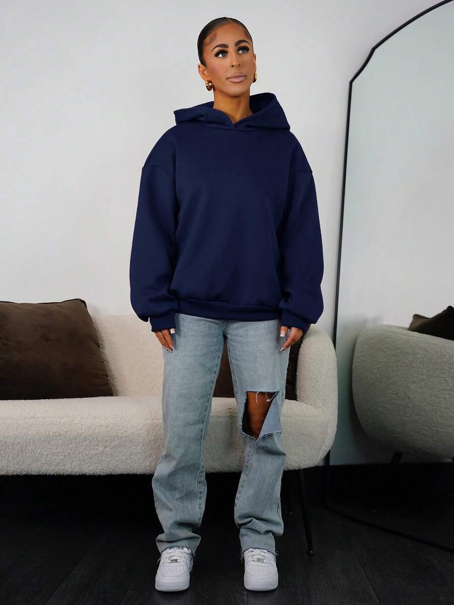 SAYEHFBABY 休闲简约海军蓝连帽长袖宽松厚款卫衣,适合秋冬季 - 藏蓝色 - 查看 1