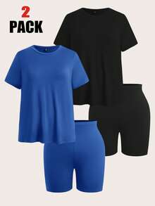 SHEIN EZwear 4件套加大码纯色套装 - 2件短袖上衣 + 2条及膝短裤 - 霧霾藍 - 查看 1