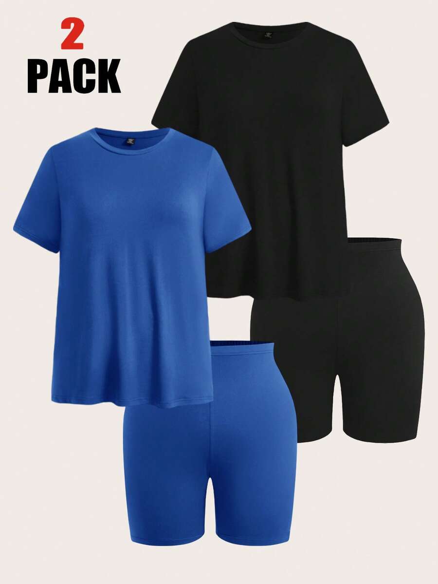 SHEIN EZwear 4件套加大码纯色套装 - 2件短袖上衣 + 2条及膝短裤 - 霧霾藍 - 查看 1
