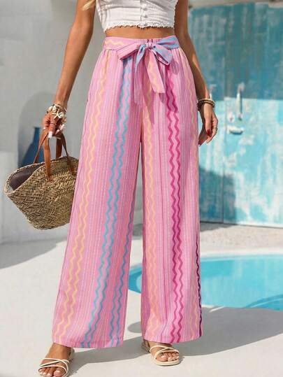Vivid Eden بنطلون نسائي فضفاض بخصر مربوط بربطة، ذو ساق واسعة وخطوط متموجة، مناسب للعطلات