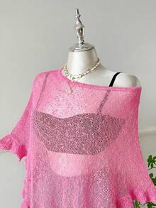 SHEIN EZwear Áo choàng poncho dệt kim mỏng nhẹ, màu xanh lá cây, viền xếp ly, dành cho nữ cỡ lớn, thích hợp cho các buổi đi chơi và hẹn hò mùa hè. - Hồng - Xem 3