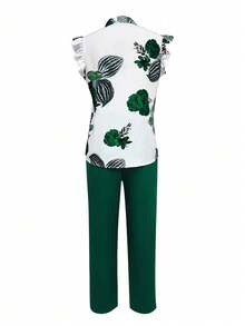 EMERY ROSE Women's Floral Print Cap Sleeve Shirt And Pants Elegant 2-Piece Set (Belt Is Decorative) - Dark Green - View 2
