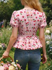 SHEIN Elegant Casual Fruit Print Long Sleeve Lightweight Top - Pink - View 2