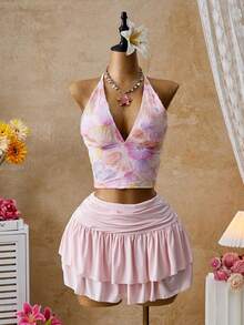 SHEIN Glamour Pink Floral Summer Boho Vacation Holiday Women's Glitter Halter V-Neck Backless Sleeveless Asymmetrical Mini Skirt 2 Pieces Set,Music Festival - Pink - View 6
