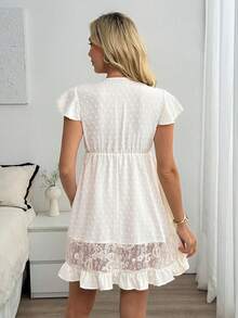 Louniche Đầm ngắn babydoll màu trắng tinh khôi, khoét eo, phối ren, tay bồng, dành cho nữ, thích hợp cho kỳ nghỉ hè/mùa xuân. - Màu be - Xem 2