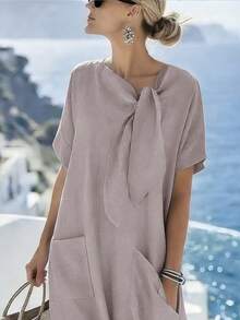 Louniche Women's Casual Vacation Denim Effect Texture Round Neck Tie-Up Pocket Dress, Comfortable For Spring/Summer - Light Grey - View 3