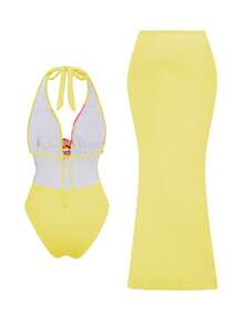 Swim Oasis 2件套 女士甜美优雅印花连体上衣+3D立体花卉+垂坠半身裙，春夏款 - 黃色 - 查看 2