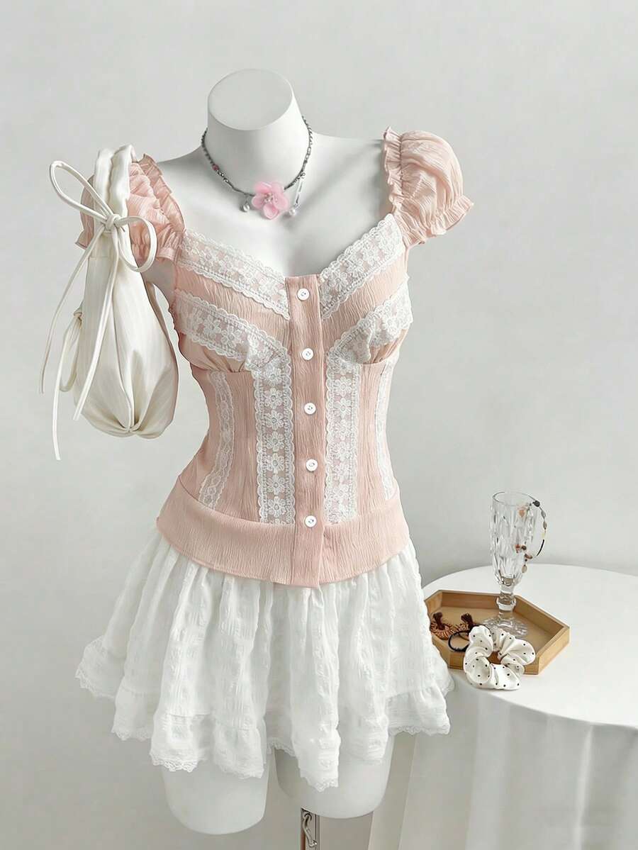 Elamini Women's Pink Checkered Summer Elegant Tea Party Keyhole Neck Cap Sleeve Contrast Lace Slim Fit Blouse,Western Spring Babydoll - Pink - View 1