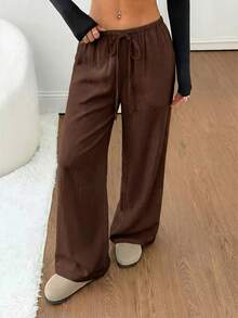 SHEIN PETITE Women's Black Solid Linen Low-Waist Straight-Leg Casual Pants, Suitable For Short Stature, Summer & Autumn - Coffee Brown - View 5