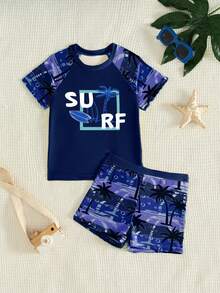 男童休闲宽松圆领短袖T恤短裤泳装套装，适合夏季穿着 - 彩色 - 查看 5