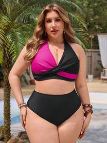 Swim Lushoire Áo bikini thắt nút xoắn phối màu tương phản, thiết kế cổ chữ V sâu, dây đeo co giãn có thể điều chỉnh, áo tắm nữ đi nghỉ mát. - Nhiều màu - Xem 7
