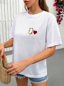 Cloudara 女士白色纯棉短袖圆领宽松版型刺绣字母D爱心图案夏季休闲基础款T恤 - 白色 - 查看 4