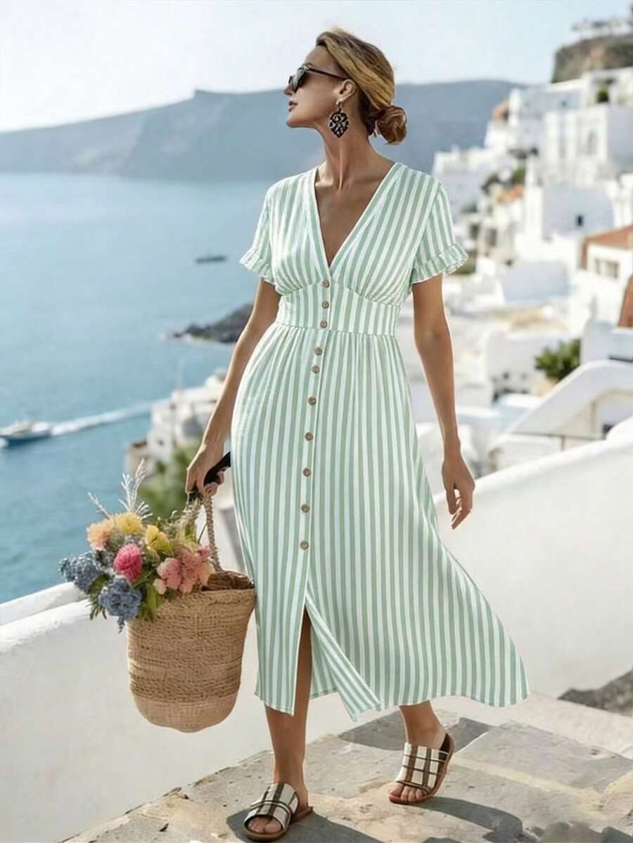 Parysyn 大码梭织条纹夏季女装连衣裙 - 綠色 - 查看 1