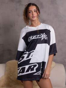 juhmazzocco Mesh Letter Print Contrast Color Casual Loose Sports T-Shirt - Black - View 6