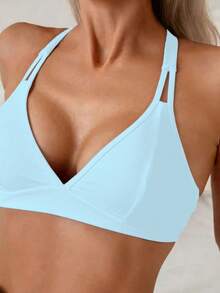 SHEIN Swim 女士纯色交叉后背带简约休闲比基尼上衣 - 淺藍色 - 查看 4