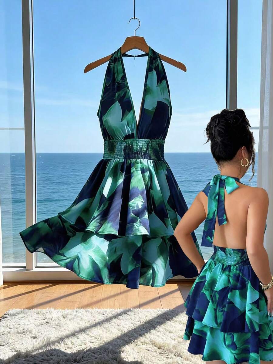 Xyvia Vestido mini sin espalda para mujer, azul marino floral, verano, boho, vacaciones, festivo, con fruncido profundo, bajo con volantes en capas, cintura ceñida, estampado de mármol, elegante para baile de graduación - Verde - Ver 1
