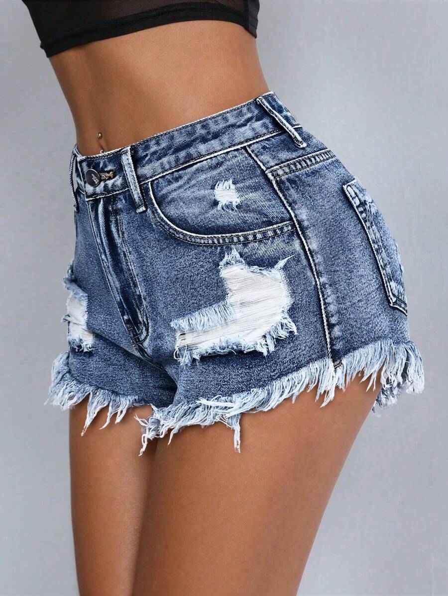 SHEIN PETITE Celana Pendek Denim Kasual Musim Panas dengan Efek Lusuh dan Cuci, untuk Wanita Bertubuh Mungil - Dark Wash - View 1