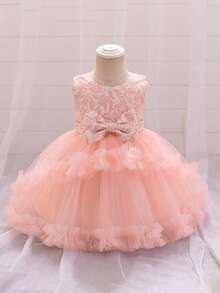 Glamorique Kids Baby Girls Tulle Mesh Formal Dress, Elegant Suitable For Birthday Party, Evening Event, Wedding, Christening, 1st Birthday - Pink - View 3