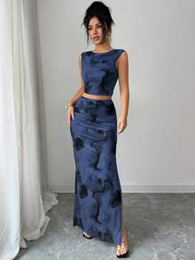 Rafferiza Women's Elegant Tie Dye Gradient Mesh Camisole Sleeveless Fitted Slit 2 Pieces Set - Navy Blue - View 4