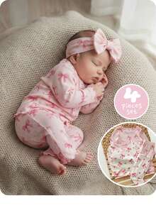 SHEIN Bộ đồ ngủ dài tay 4 món cho bé gái sơ sinh, kiểu dáng dễ thương, chất liệu dệt kim, họa tiết nơ. - Nhiều màu - Xem 6