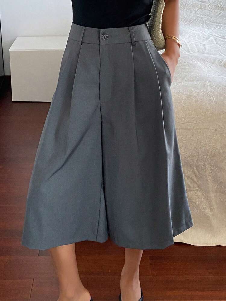 Women's Solid Color Loose Wide Leg Capri Pants, Casual Vacation Summer Trousers