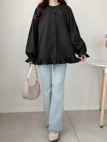 FRIFUL Áo sơ mi nữ màu trơn cổ tròn tay dài viền bèo cài một hàng khuy kiểu dáng thường ngày mùa hè - màu đen - Xem 7