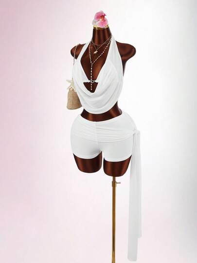 Amplova Women's Solid Color Halter Backless Top & Shorts 2 Pieces Set, Vacation